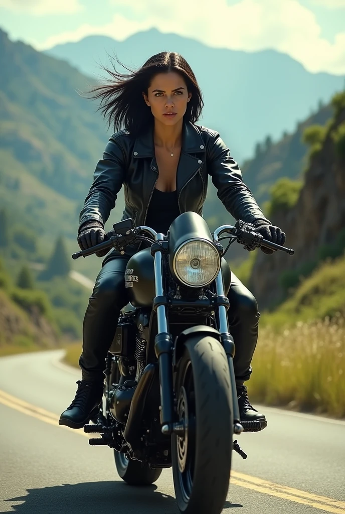 Black Haired Woman Riding a Motorcycle with Short Hair