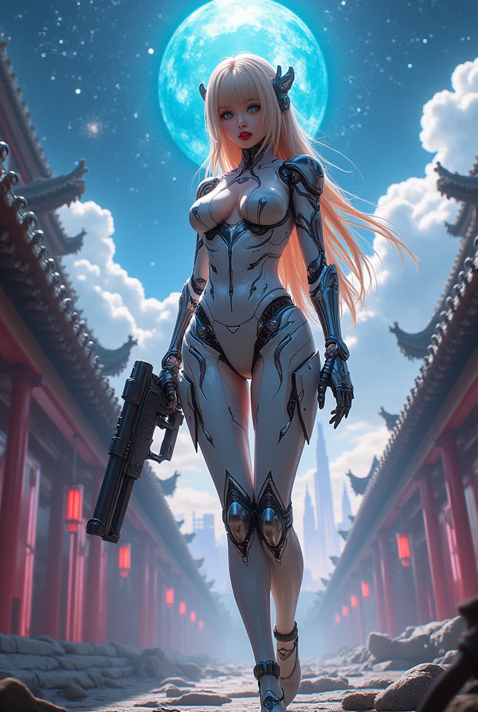 Masterpiece artwork, best qualityer, super verbose, very detailed illustrations, very detailled, details Intricate, high resolution, super complex details, papel de parede 8k cg very detailled, 50mm lens, caustic, reflexes, ray tracing, nebulas, dark halos, network effects, (Alison Tyler: 1.4), solo, standing alone, mecha musume, mechanicalparts, robot joints, single mechanical arm, holding a big stylized modern gun, headware, mechanical halo, Star Hello, electrical mechanical bodysuit, mecha corset, kimono, Full Armor, very long blonde hair, hair blonde, hair between the eyes, blue colored eyes, glare eyes, seductive red lips, provocative expression, random action, ancient Chinese architecture, starly sky, skyline