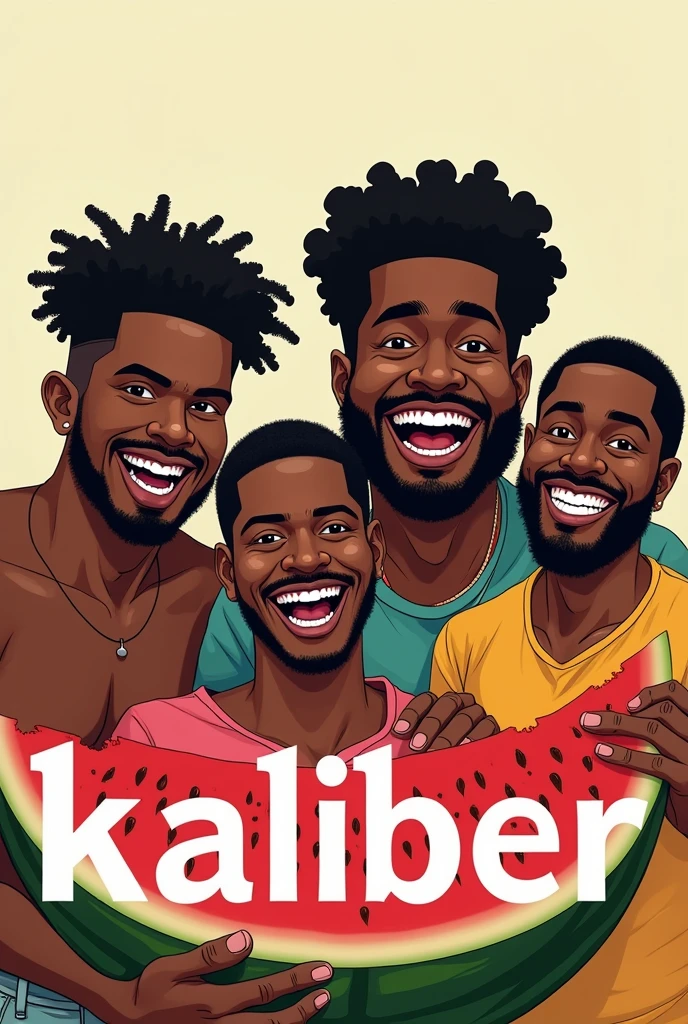 black guys eating watermelon with the word kaliber below it in bold print