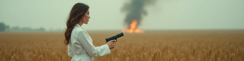Naked woman in white coat, middle-aged woman, beautiful woman, open body, light autumn rain, full body portrait, staying in a wheat field, pistol with silencer in right hand, pistol with silencer, gun in right hand, profile shot from the right side, wind blows, photo from far distance, ultra wide shot, fire on the background