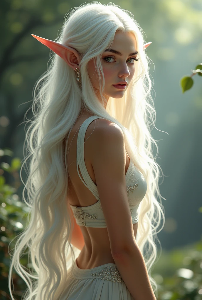 elf woman, white hair, slim waist, highly detailed full body, realistic.