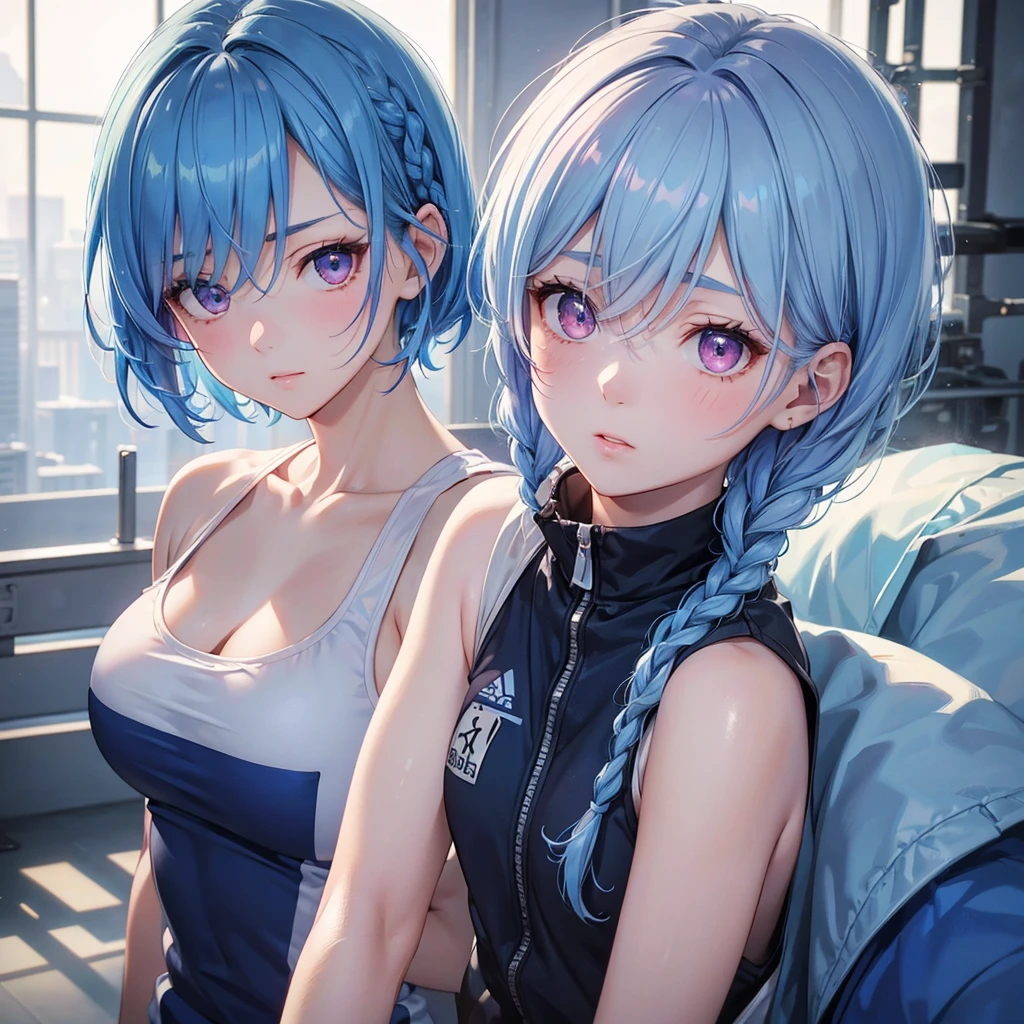 Sky blue hair、Braided Short Hair、Pink Eyes、Fair skin、whole body、sports festival、School、Ground、Gym suit、masterpiece、Highest quality、Very detailed、Best Shadow、Detailed Background、Beautifully detailed face、High Contrast、Best lighting、Very delicate and beautiful、Cinematic Light、Hyper Detail、8k、Dramatic Light、Exquisite detail、