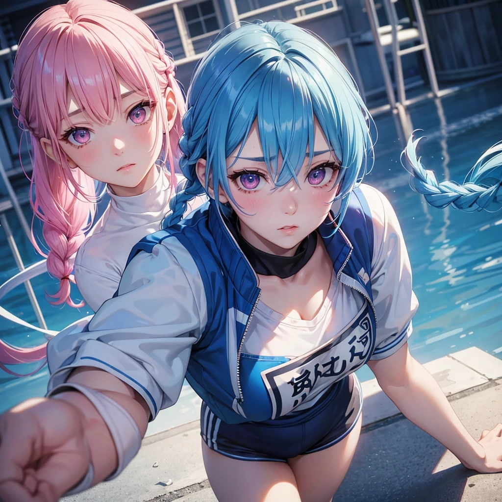 Sky blue hair、Braided Short Hair、Pink Eyes、Fair skin、whole body、sports festival、School、Ground、Gym suit、masterpiece、Highest quality、Very detailed、Best Shadow、Detailed Background、Beautifully detailed face、High Contrast、Best lighting、Very delicate and beautiful、Cinematic Light、Hyper Detail、8k、Dramatic Light、Exquisite detail、