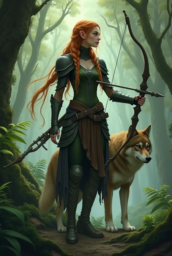 Fantasy: female elf, with bow, in a forest, braided ginger hair, blind on one eye so her eye is kinda fogged up, dressed in wood elf armor, her wolf familiar beside her