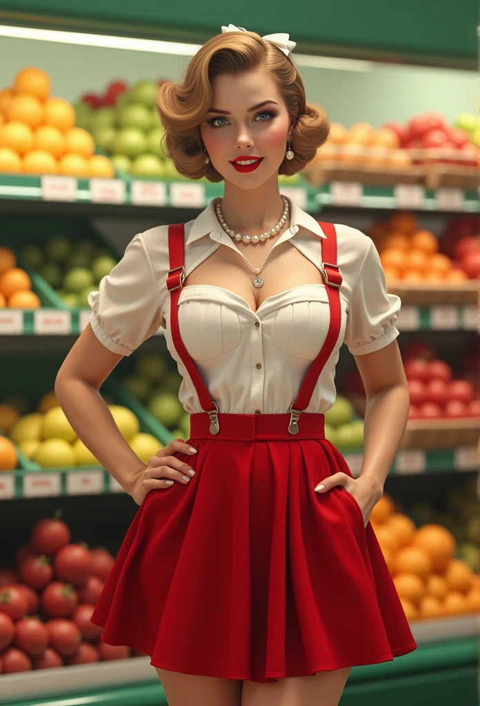nsfw, photorealistic, beautiful face, (masterpiece:1.4), (best quality:1.4), extremely detailed, hyper-detailed, soft lighting, 3 beautiful burnette, 1950's pinup woman in her late thirties standing in front of a fruit shelf in a supermarket, dressed in an unbuttoned open semitransparent white blouse and a red skirt, covered breasts, white pearl necklace and white pearl earrings, lace stockings with suspenders, perfect body, busty, perfect legs, intricate details, masterpiece, bestquality, uhd, 8k, ((plain backgound:1.3)), shaved pubic area, big breasts, hanging breasts, heavily sagging breasts, brown big erected hard nipples, short blonde hairbun with a bow in hair, shaved pubic area, (perfect_face), intricate, 4k, detailed_background, full_body, realistic, 8k, sexy, very cheeky smile, very challenging facial expression,pinup512