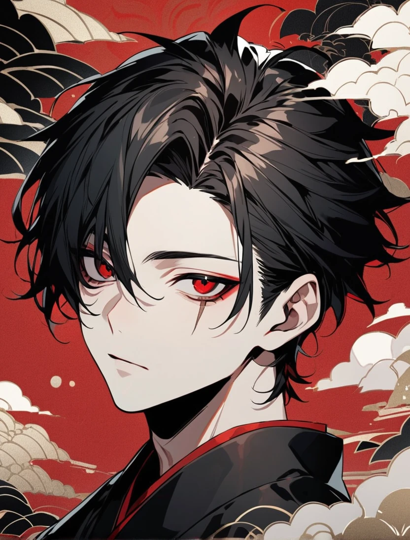 (black_hair), (short_male_hair), (quiff_hairstyle), (deep_red_eyes), (high_detailed_eyes), (scar_on_left_eye), (prominent_scar), (attractive), (emotionless), (male), (wearing _a_black_kimono), (detailed_Hair), (detailed), (detailed_mouth), (young_appearance), (dark_under_eyes), (japanese_background)