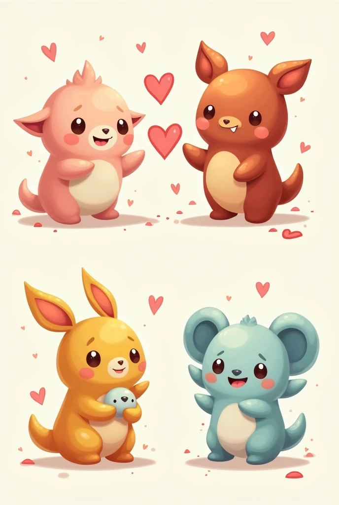 You are the best designer. Generate four different cute and funny 2D character designs. To give to a loved one
