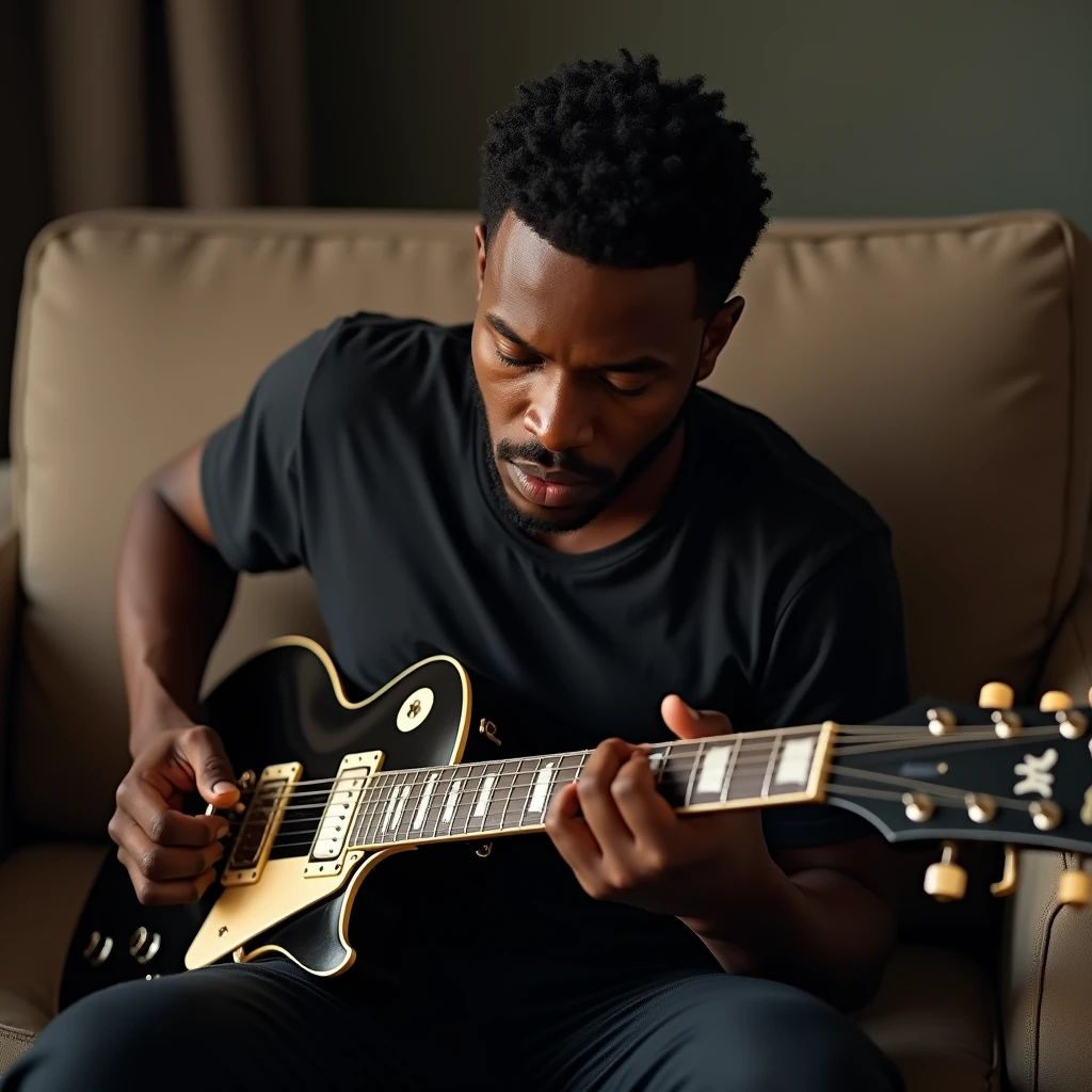 A 34 year old dark skinned man with brown eyes sitting on the couch playing an ultra realistic Gibson Les Paul 8k