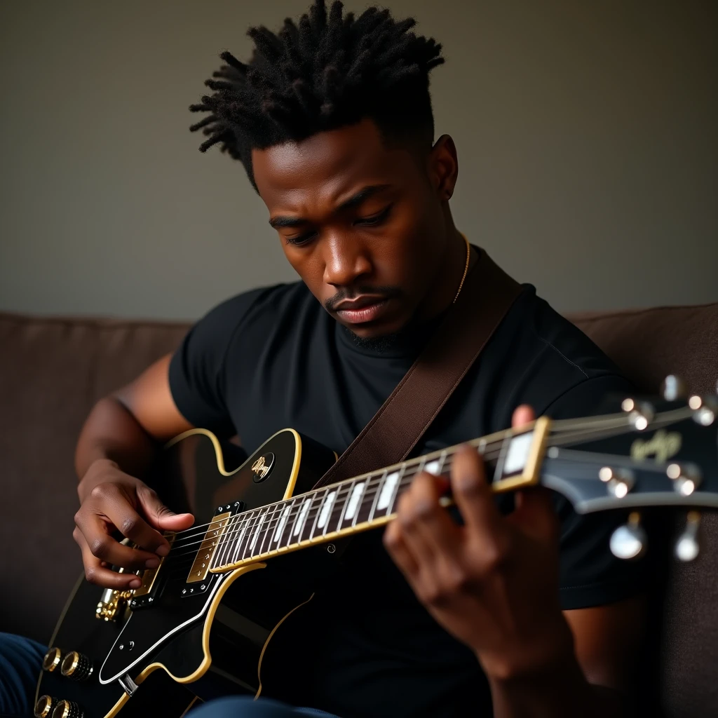 A 34 year old dark skinned man with brown eyes sitting on the couch playing an ultra realistic Gibson Les Paul 8k