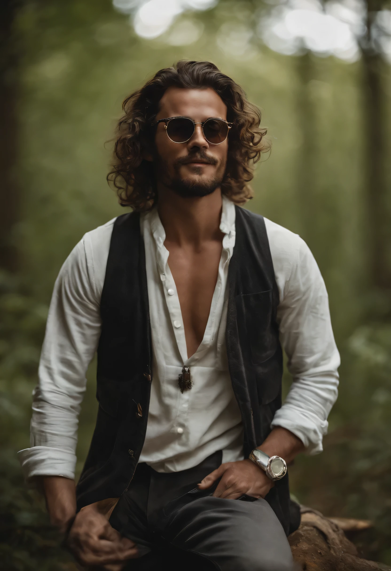 A young, man, best quality, high quality, high resolution), realistic, ultra-detailed, highly detailed facial features, éclairage et reflets realistics, highly detailed facial features, best photo,Illustration de high quality, hippy, blissful, In the background a forest, tattoos, yeux verts, short beard, long curly hair, souriant, lunette de soleil ronde, bohemian clothing, pose pour la photo