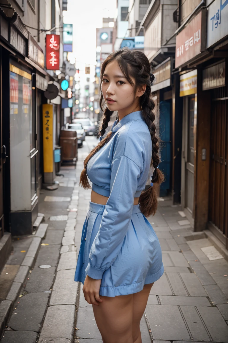 Woman posing in streets of Seoul Korea, big pleated fluffy braids in hair, sexy body, sexy floral blue outfit