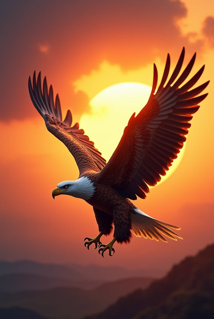 An image of a strong and beautiful eagle in an ultra realistic sunset 8k full hd