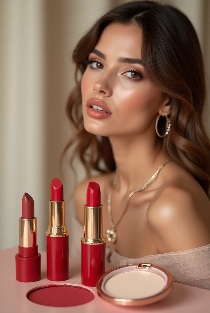 Help me create an image for makeup advertising focused on women aged 15 and older, I want the image to contain lipsticks, a woman posing or showing it, maybe a powder foundation