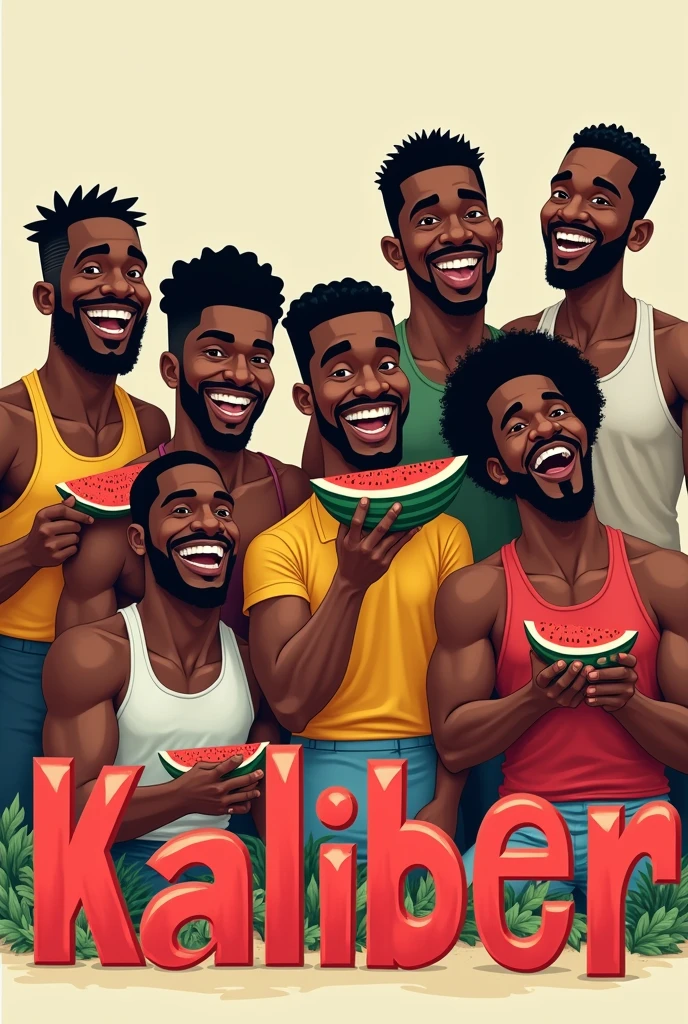 black guys eating watermelon with the word kaliber below it in bold print