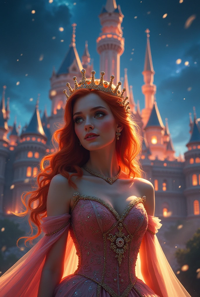 redhead woman in princess costume,bright castle background at night