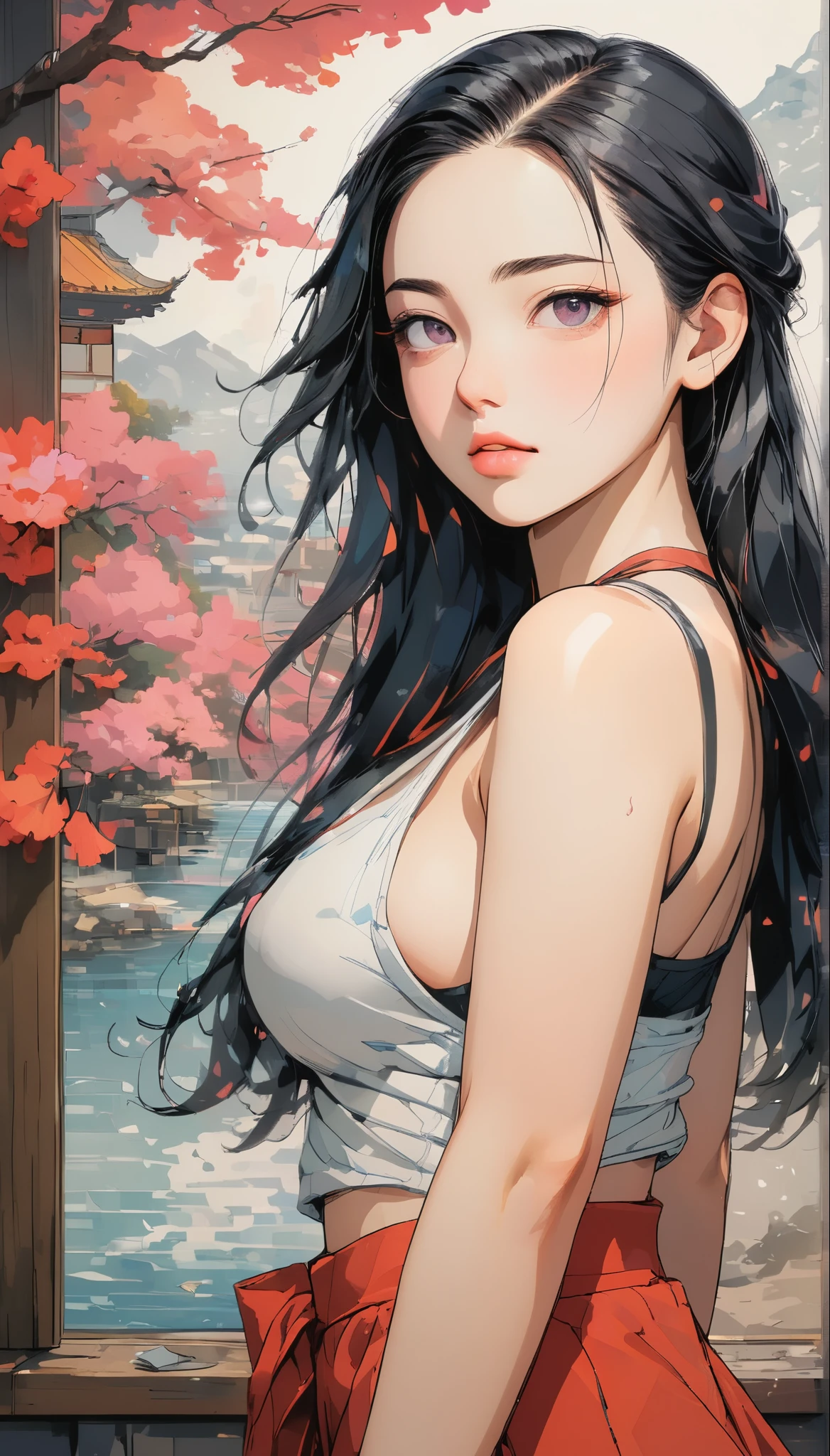 A beautiful waifu named Nezuko Komado with pink eyes, long flowing black hair, large breasts, and thick thighs, standing in a relaxed contrapposto pose with her hands behind her back, she’s facing viewer straight, having a dramatic, neutral expression on her young face, her tank top revealing pronounced cleavage and sideboob, her long hair fluttering in the wind, with a pale color gradation, blending retro elements, contemporary digital art, and surrealism, with intricate details, (best quality,4k,8k,highres,masterpiece:1.2),ultra-detailed,(realistic,photorealistic,photo-realistic:1.37),HDR,UHD,studio lighting,ultra-fine painting,sharp focus,physically-based rendering,extreme detail description,professional,vivid colors,bokeh,portrait,dramatic,vintage