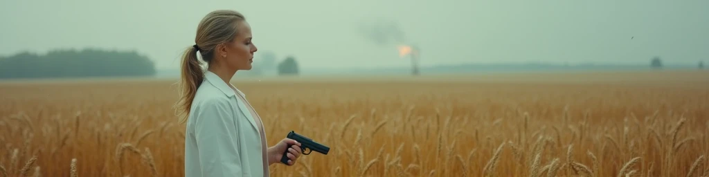 Naked woman in white coat, middle-aged woman, beautiful woman, open body, light autumn rain, full body portrait, staying in a wheat field, pistol with silencer in right hand, pistol with silencer, gun in right hand, profile shot from the right side, wind blows, photo from far distance, ultra wide shot, fire on the background