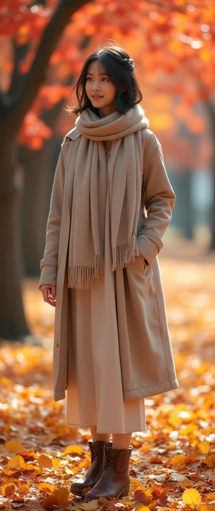 High resolution、Realistic、RAW Photos、Detailed Background、Beautiful in every detail、20 year old Japanese beauty、Perfect body line、Braided bob cut、Long Hair、Show the whole body、Smiling、
As the cool autumn breeze blows、Pretty woman、紅葉したwood々Standing against the backdrop of、
A soft mid-calf dress、Wearing a beige coat、Boots on your feet、A scarf is wrapped around the neck.、wood々I am looking at the scenery dyed red and yellow.、The woman's expression is calm and gentle.、It seems to blend into the autumn nature.、As the sunlight shines softly、Women seem to be enjoying the tranquil atmosphere that is unique to this season to their heart's content.、
There、A woman feeling the comfortable arrival of autumn、An elegant and delicate appearance emerges.、very beautiful