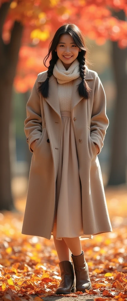 High resolution、Realistic、RAW Photos、Detailed Background、Beautiful in every detail、20 year old Japanese beauty、Perfect body line、Braided bob cut、Long Hair、Show the whole body、Smiling、
As the cool autumn breeze blows、Pretty woman、紅葉したwood々Standing against the backdrop of、
A soft mid-calf dress、Wearing a beige coat、Boots on your feet、A scarf is wrapped around the neck.、wood々I am looking at the scenery dyed red and yellow.、The woman's expression is calm and gentle.、It seems to blend into the autumn nature.、As the sunlight shines softly、Women seem to be enjoying the tranquil atmosphere that is unique to this season to their heart's content.、
There、A woman feeling the comfortable arrival of autumn、An elegant and delicate appearance emerges.、very beautiful