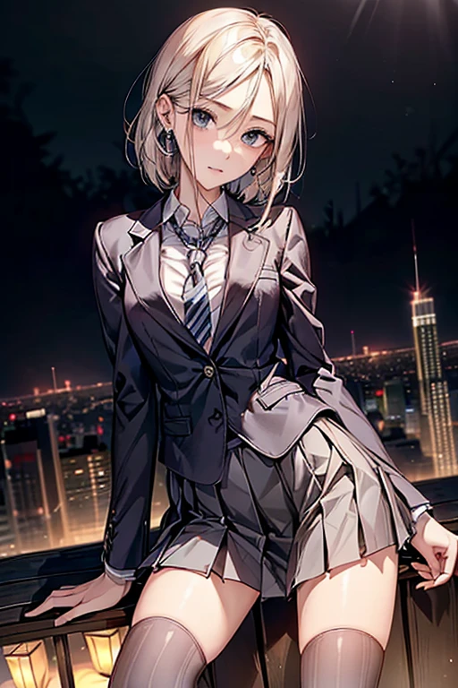 ((Biologically correct number of limbs))、(( Full body photo including face))、4K、((standing position))、masterpiece、((focus on the face))、((Symmetrical facial features))、Eyes of minute description、Beautiful woman、outstanding style、beautiful clavicle、beautiful legs、beautiful hands、slender body、(small ass、thin thighs)、(Striped stockings、high heels)、Detailed depiction of faces、small earrings、necklace、(upper body blazer、shirt、(block pleated skirt))、sideways glance、tie、cityscape at night、fantastic background、Low - Angle