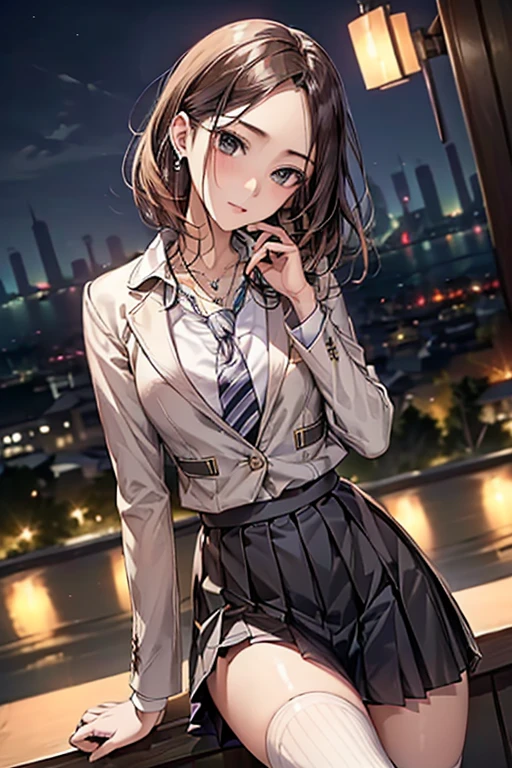 ((Biologically correct number of limbs))、(( Full body photo including face))、4K、((standing position))、masterpiece、((focus on the face))、((Symmetrical facial features))、Eyes of minute description、Beautiful woman、outstanding style、beautiful clavicle、beautiful legs、beautiful hands、slender body、(small ass、thin thighs)、(Striped stockings、high heels)、Detailed depiction of faces、small earrings、necklace、(upper body blazer、shirt、(block pleated skirt))、sideways glance、tie、cityscape at night、fantastic background、Low - Angle