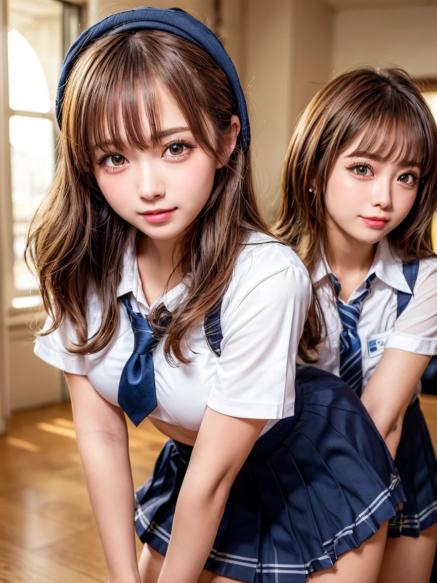 Browsing Caution, ((masterpiece)), ((Highest quality)), (Very detailedな), ((cute)), cute, (Multi-point), ((sexy)), (device), ((Very detailed)), 4K, (8k), Highest quality, (beautiful), hyper cute face, shape, Anime Style,hyper Genuineistic, Genuine, Dynamic Angle, ((whole body)), close, ((Navy high socks and brown loafers))、顔から足までwhole body、 Thick outline, Clear contours, (Three Girls, 3 cute girls:1.5), (Schoolgirl Uniform :1.5), beautiful light brown hair, beautiful brown eyes, ((beautiful eyes)), (Leaning forward:1.5), short hair, Big Breasts, smile