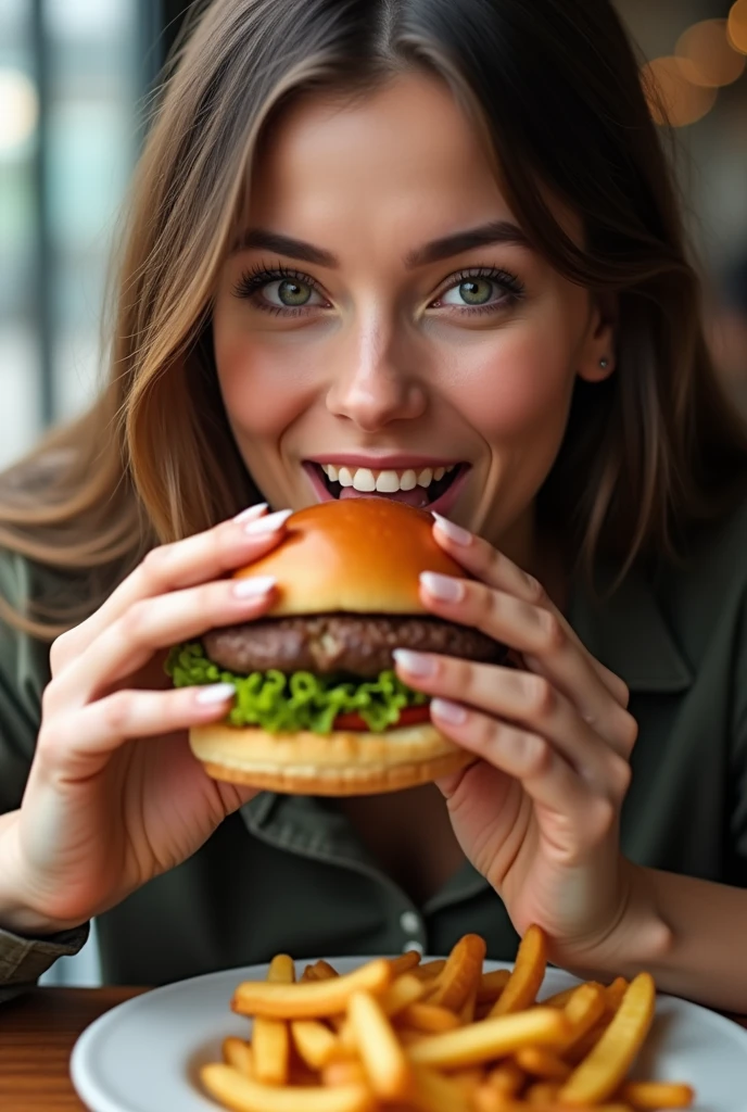 [Ouverture] : Gros plan sur une femme au visage réaliste ansi qu'aux yeux verts et aux cheveux lisses, assise à une table. [Action] : Elle prend un hamburger savoureux avec les deux mains et l'approche de sa bouche. [Détail] : Zoom sur le hamburger avec ses ingrédients appétissants. [Clôture] : La femme prend une bouchée avec un sourire de plaisir, montrant clairement qu'elle apprécie chaque instant. Texte à l'écran : "Délicieux à chaque bouchée !"