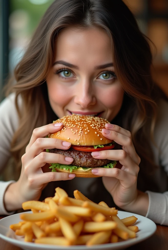 [Ouverture] : Gros plan sur une femme au visage réaliste ansi qu'aux yeux verts et aux cheveux lisses, assise à une table. [Action] : Elle prend un hamburger savoureux avec les deux mains et l'approche de sa bouche. [Détail] : Zoom sur le hamburger avec ses ingrédients appétissants. [Clôture] : La femme prend une bouchée avec un sourire de plaisir, montrant clairement qu'elle apprécie chaque instant. Texte à l'écran : "Délicieux à chaque bouchée !"