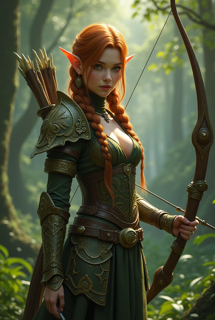 Fantasy: female elf, with bow, in a forest, braided ginger hair, blind on one eye so her eye is kinda fogged up, dressed in wood elf armor