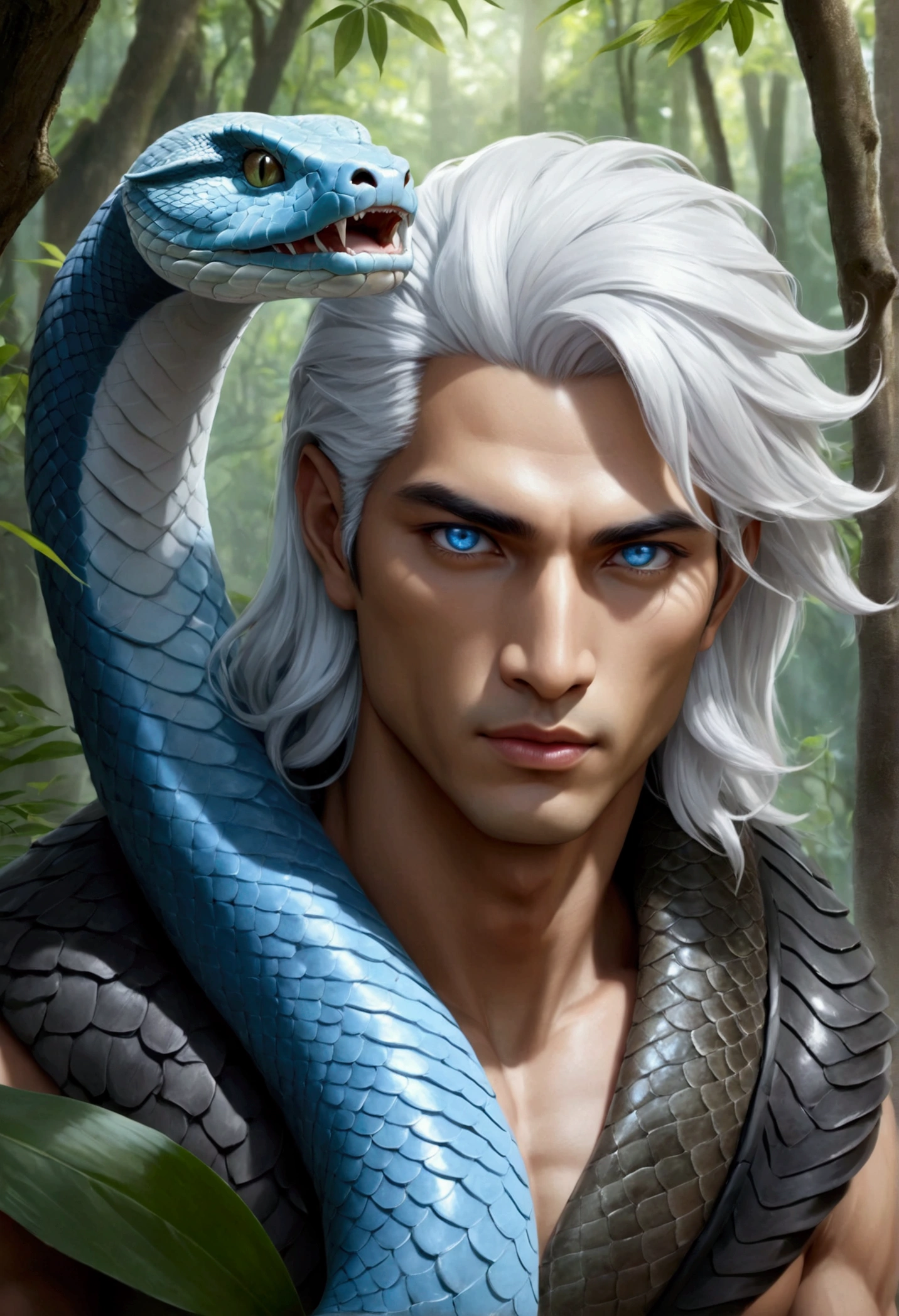 ((best quality)), ((masterpiece)), (detailed), perfect face, a beautiful male naga, he has a human face, he has a human torso, from the torso down he is a snake. He has white hair and sky blue eyes it's scales are white with blue reflection. Total body. In the forest.