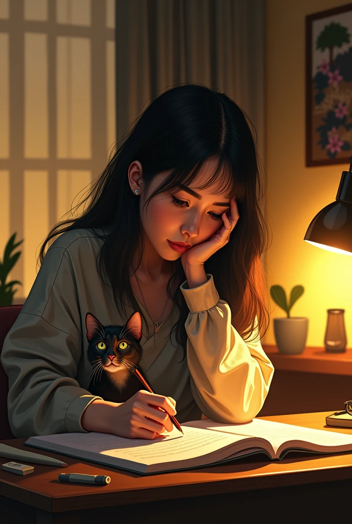 Digital illustration of a woman studying at a desk with a cat beside her,
indoor setting at night, warm yellow lighting creates a cozy atmosphere,
detailed textures on the desk and cat's fur, capturing a tranquil study scene