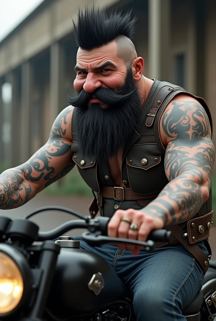 Man with long black beard , pork cheek . tattooed on a motorcycle childish look 40 years old short hair in crest , average build without abs . Rings on fingers
