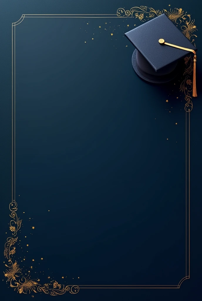 Give me the dark blue and white background with elegant little gold details and a little grad cap on the top right for a grad invitation card and no flowers