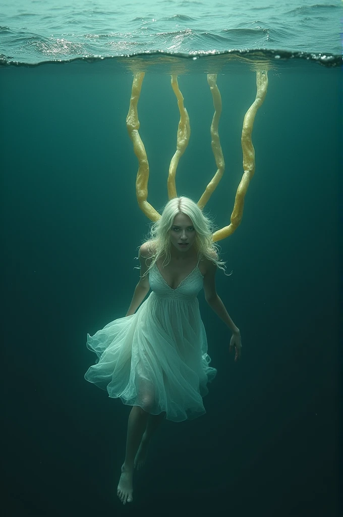 A woman with long white hair,she will wear a white dress and she will be in an ocean and there will be yellow hands pulling her head underwater,show in top angle