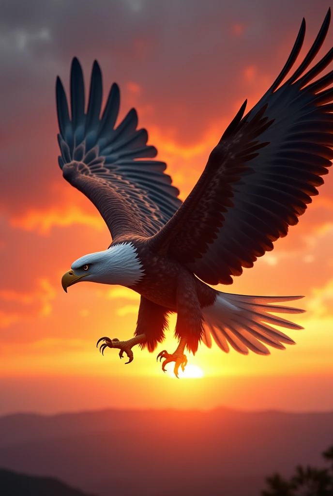 An image of a strong and beautiful eagle in an ultra realistic sunset 8k full hd 
