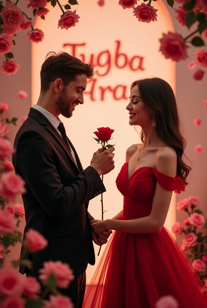 A romantic and elegant photo of a 23-year-old man in a black suit and a 23-year-old woman in a red dress. The man gently hands the woman a rose. They are surrounded by roses and petals. The background is a soft, warm light pink wall with the name "TUGBA ARAZ" written in 3D lettering and the name "" with a different logo. The lighting is soft and dreamy.