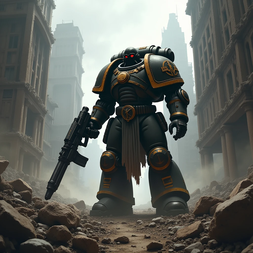 --prompt a dark, gritty painting of a Space Marine standing on the ruins of a city, holding a bolter, dramatic lighting, concept art, Warhammer 40k --style best of artstation --ar 3:2