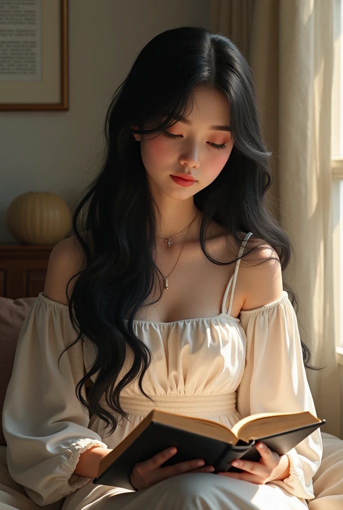Black haired woman reading a book in her room at home with white skin