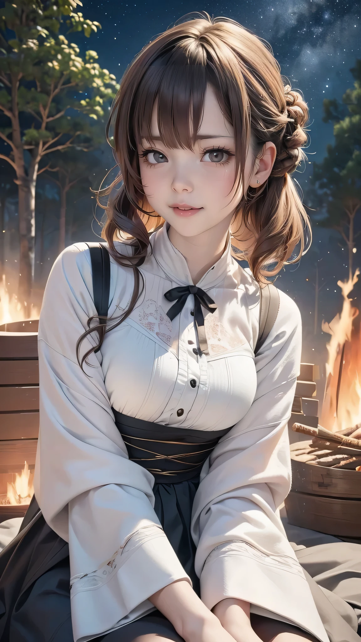 (look up at the starry sky:1.2),make a bonfire,girl camping,reclining,(outdoor fashion:1.5),(Thin type:1.8),(big breasts),(random hairstyle),(Highest image quality,(8k),ultra-realistic,best quality, high quality, high definition, high quality texture,high detail,beautiful detailed,fine detailed,extremely detailed cg,detailed texture,a realistic representation of the face,masterpiece,Sense of presence)