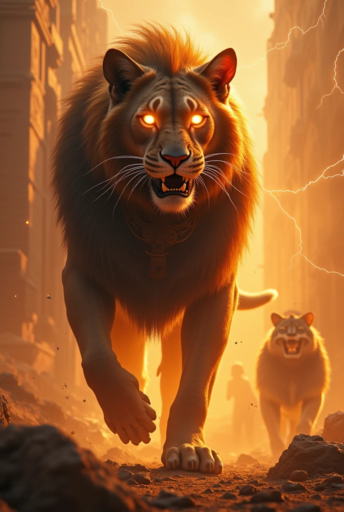 A dramatic transformation of Bastet into Sekhmet, with her eyes blazing with fury, leading a fierce battle to protect the Egyptian king, embodying the rage and power in wartime.
