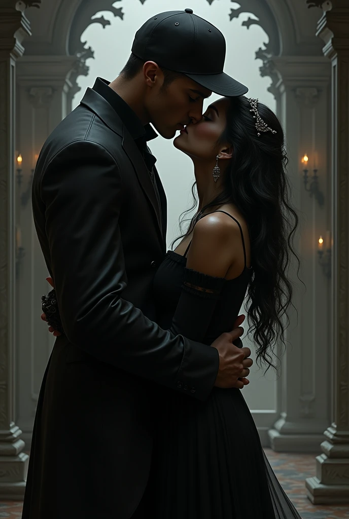 Bee is kneeling front her vampire husband Jason.jason bite her neck
Jason :male,White man, black hair,blue eyes, He looks handsome and cool.rough
Bee:A girl with short hair, black hair, brown eyes she fair skin, pregnant appearance, huge breasts,beautiful, sexy