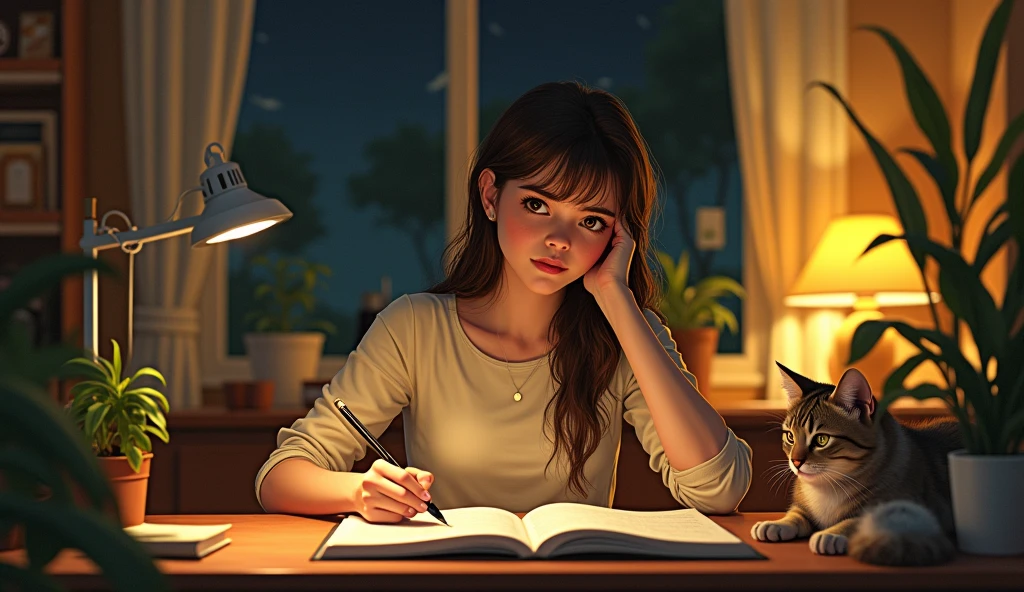 Digital illustration of a woman studying at a desk with a cat beside her,
indoor setting at night, warm yellow lighting creates a cozy atmosphere,
detailed textures on the desk and cat's fur, capturing a tranquil study scene