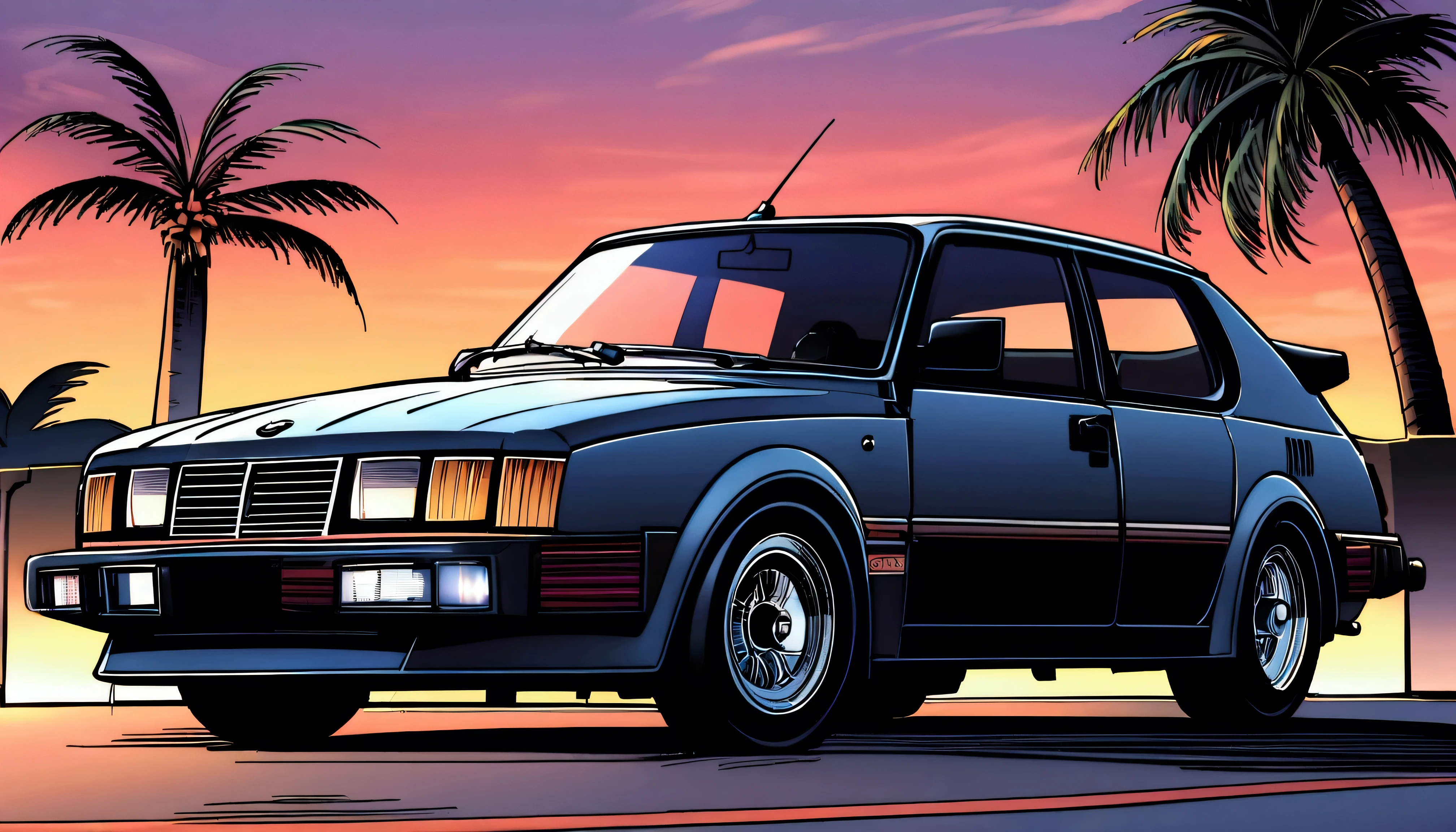 ((TShirt Design)), 1985 Saab 900 Turbo, Sunset background, Palm tree, Layers with 5 colors, Corner of the street, Berek's drum, Plethean,