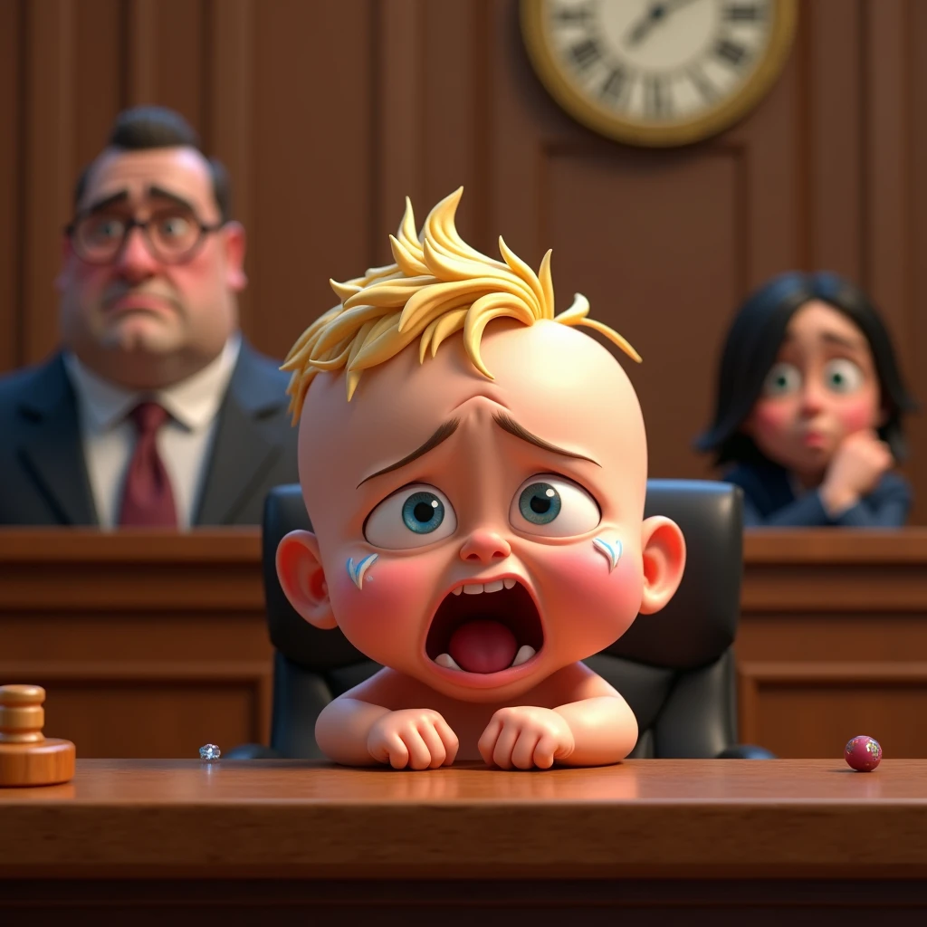 Im Stil von Pixar 3D- The animated film, Caricature. A baby with blond hair sits in the dock in court, crying tears and screaming. A lawyer sits next to the baby and holds his hand in front of his face (facepalm).