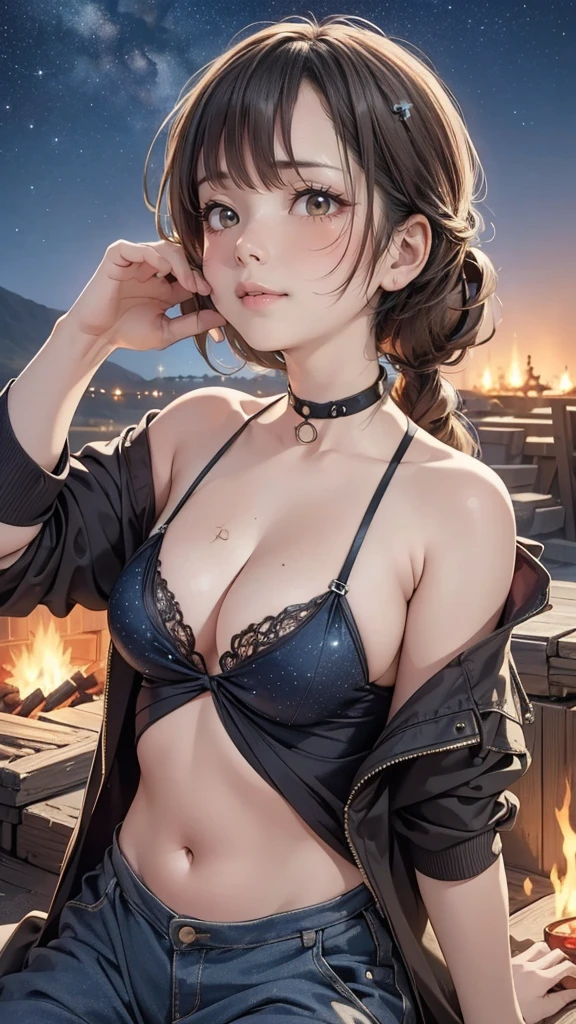 (look up at the starry sky:1.2),make a bonfire,girl camping,reclining,(outdoor fashion:1.5),(Thin type:1.8),(big breasts),(random hairstyle),(Highest image quality,(8k),ultra-realistic,best quality, high quality, high definition, high quality texture,high detail,beautiful detailed,fine detailed,extremely detailed cg,detailed texture,a realistic representation of the face,masterpiece,Sense of presence)
