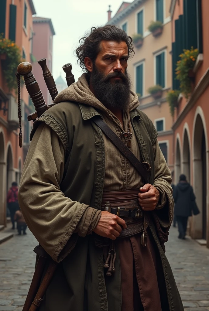 a white European merchant man from Venice, dark-skinned, with a brown beard, clothes not so exuberant and not so simple. Carrying weapons. In the background there are old streets. With ancient architecture and people in the background