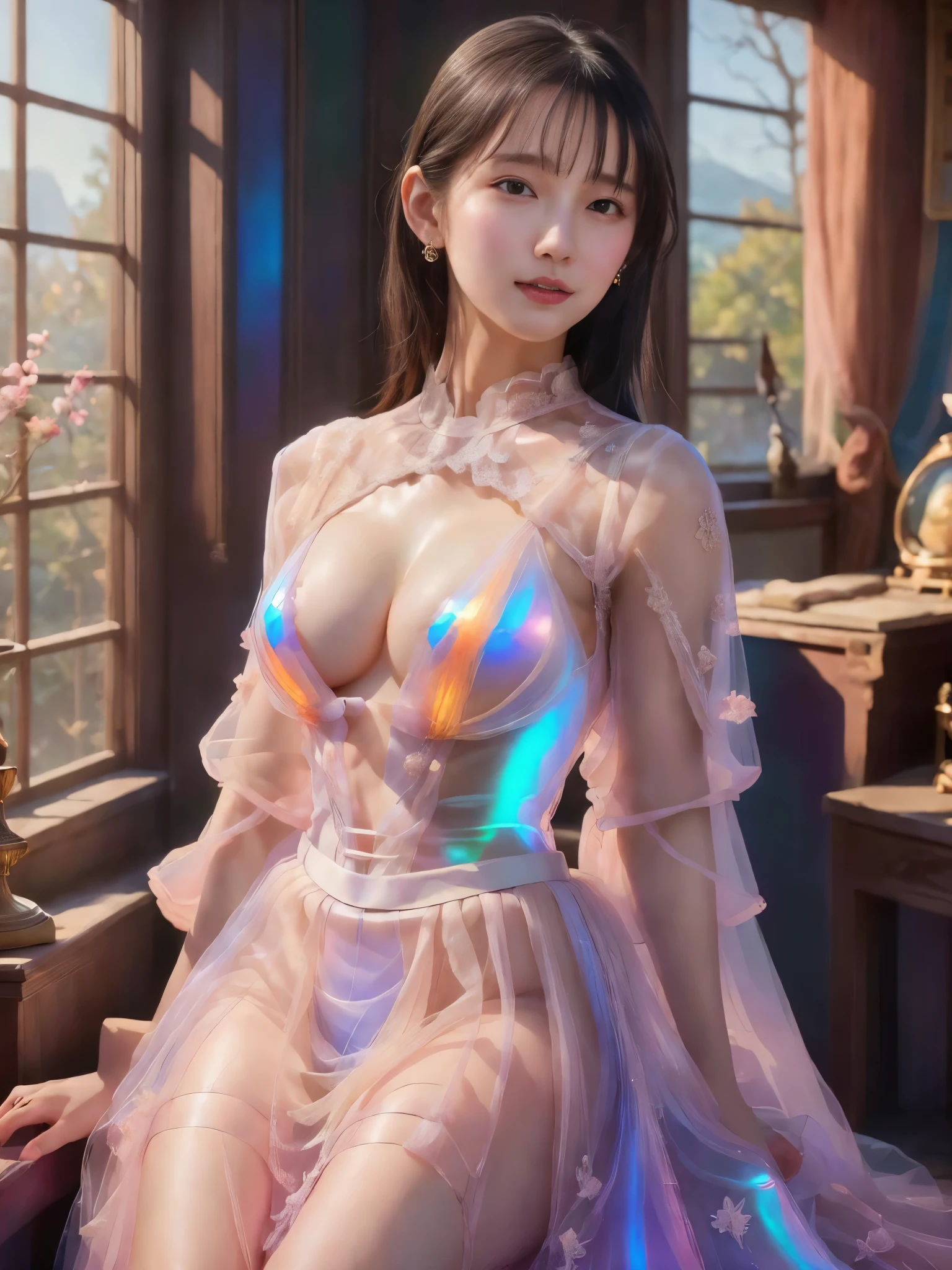 Browsing Caution、最high quality、high quality、Best image quality、8k、最High resolution、High resolution、最high quality、masterpiece、RAW Photos、whole body写真、Detailed and realistic human body、Detailed and realistic skin、Realistic face in every detail、Realistic reproduction of every detail、Detailed and realistic lips、Detailed and realistic teeth、Detailed and realistic ears、Detailed and realistic hair、Detailed and realistic weapons、Realistic reproduction of every detail、Realistic fingers in every detail、(Beautiful Hands、thumb1reference4)、Realistic feet down to the last detail、Realistic breasts down to the last detail、Realistic areola down to the last detail、Realistic nipples down to the last detail、Realistic pussy down to the last detail、Realistic vagina down to the last detail、Realistic anus down to the last detail、((Realistic pubic hair down to the last detail))、((Beautiful Japan))、(Japanese Model), (Japanese women)、((18 year old beautiful girl))、(Black Hair)、(Random Hairstyles))、((whole body))、((Beautiful upturned breasts))、(Stylish style)、(whole body光沢肌、Fair skin)、(Soft lighting)、The interior of a medieval European mansion、Interior decorated with artwork from the 1690s、 Inside a 1600s mansion、Classic Bedroom、Classic interior、((Colorful transparent vinyl))、((Colorful Transparent See-through))、((Colorful transparent mesh))、((She wore a dress made of transparent fabric.))、((Transparent dress(Her skin is clearly visible))、Sexy pose