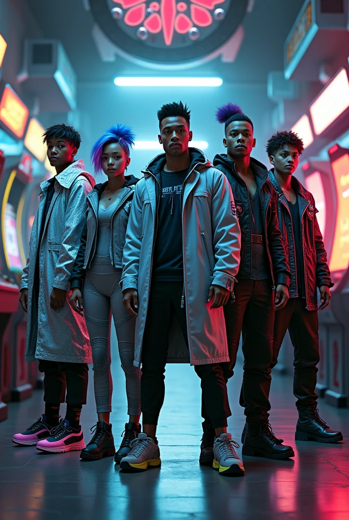 [Subject: Futuristic Cyberpunk Warriors in Luxury Fashion] A high-resolution, cinematic image featuring a diverse group of young adult cyberpunk warriors, each with strong, expressive faces, dressed in luxurious, high-tech outfits in a neon-lit, futuristic setting.

**Character 1**: Male with a determined expression, wearing a metallic silver trench coat with glowing seams, high-tech combat boots, and a sharp hairstyle with neon blue highlights.

**Character 2**: Female exuding confidence, in a reflective jacket with angular shoulders, high-waisted metallic pants, and knee-high boots with LED soles. Her sleek bob has neon pink accents, and her eyes convey fierce determination.

**Character 3**: Male with a bold, intense look, in an armored vest over a luxury turtleneck, holographic pants, and tactical boots, topped with a neon green visor and spiky hair. His expression is focused and ready for action.

**Character 4**: Female with a mysterious, confident gaze, in a metallic coat with digital displays, a jumpsuit with glowing accents, and high-end boots. Her voluminous waves are tinted purple, and her expression is one of quiet power.

**Character 5**: Male with a stoic, commanding presence, wearing a reflective jacket with neon red piping, tailored pants, combat boots, and a holographic mask. His mohawk has red highlights, and his eyes reveal a strategic mind.

The group stands united in a neon-lit arcade, surrounded by retro gaming machines. The scene is cinematic, with each character’s expression conveying a sense of power, unity, and readiness for the challenges ahead.

[Lighting: Neon glow with cinematic reflections] [Camera: Wide-angle group shot capturing expressions] [Resolution: 8k, hyper-realistic] [Style: Cyberpunk luxury, futuristic warriors, cinematic, Instagram-ready] [Inspiration: Cyberpunk 2077, Futuristic Unity].
