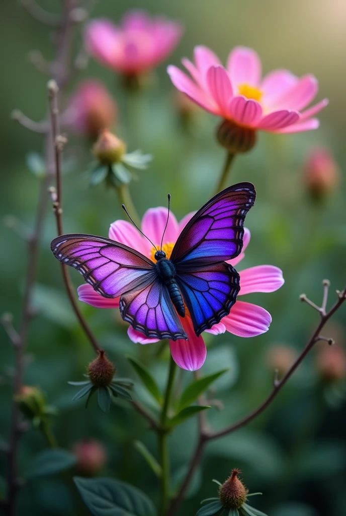 Create a photo of a purple butterfly on a flower and a bush together as if the photo was taken by a cell phone and the butterfly was resting on the flower