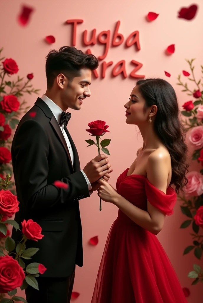 A romantic and elegant photo of a 23-year-old man in a black suit and a 23-year-old woman in a red dress. The man gently hands the woman a rose. They are surrounded by roses and petals. The background is a soft, warm light pink wall with the name "TUGBA ARAZ" written in 3D lettering and the name "" with a different logo. The lighting is soft and dreamy.